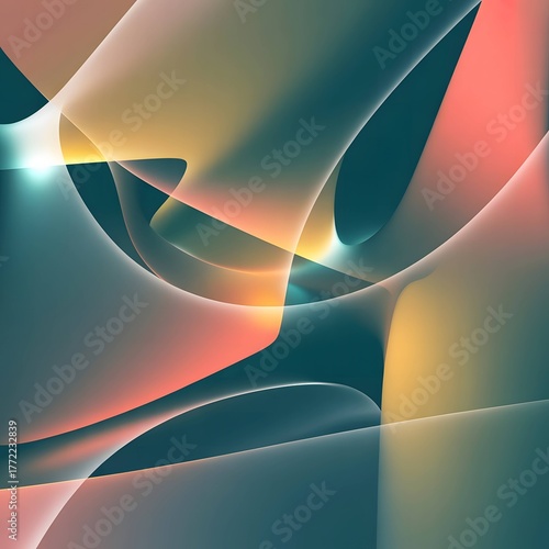 A digital art abstract background. An abstract composition featuring smooth, flowing shapes in teal, warm orange, and yellow hues. 