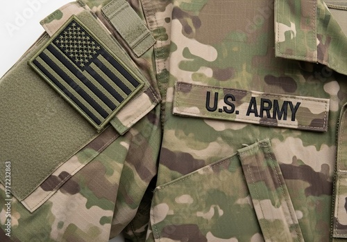 Close up of us army uniform with flag and name tape