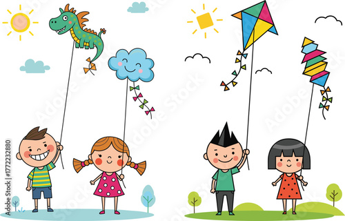 Children flying colorful kites outdoors, dragon kite, cloud kite, sunny day, teamwork, joyful play, cartoon style, nature background, creative activity, vacation fun