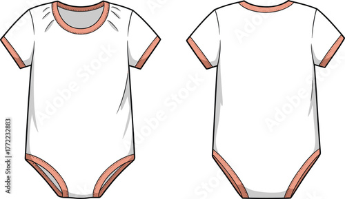 PrintBaby bodysuit front and back view, cute infant clothing design template, short sleeve onesie with pink trim, vector fashion illustration