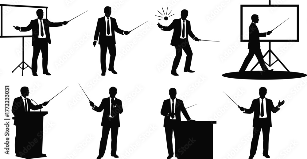 Obraz premium PrintBusiness presentation silhouette set of professional men with pointers, giving lectures, explaining charts, teaching, corporate training, education, leadership concept illustration