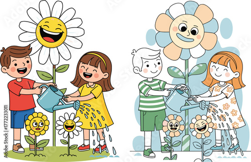 Children watering smiling flowers, teamwork, gardening activity, cartoon style, nurturing nature, colorful petals, happy expressions, outdoor play, growth, fun, printable illustration