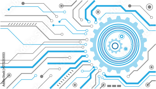 Futuristic technology illustration with a complex circuit board and gear mechanism on a white background.