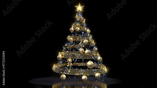 Christmas music tree Gold music notes Abstract musical background. illustration. Mensural musical notation.Black notes symbols.Note value.Music staff. on black background