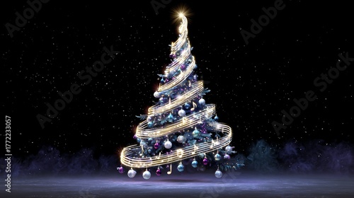 Christmas music tree Gold music notes Abstract musical background. illustration. Mensural musical notation.Black notes symbols.Note value.Music staff. on black background