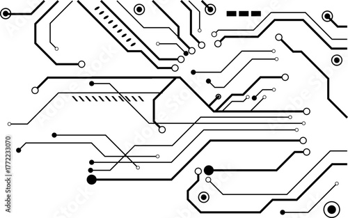 Abstract black and white vector illustration of a complex electronic circuit board pattern on a white background.