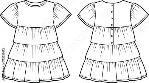 PrintCute tiered short sleeve baby girl dress flat sketch front and back, kids fashion template, children clothing design vector illustration
