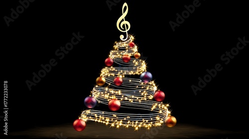 Christmas music tree Gold music notes Abstract musical background. illustration. Mensural musical notation.Black notes symbols.Note value.Music staff. on black background