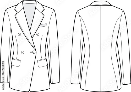 PrintDouble breasted blazer jacket front and back view, classic tailored coat fashion flat sketch, elegant formal clothing design illustration