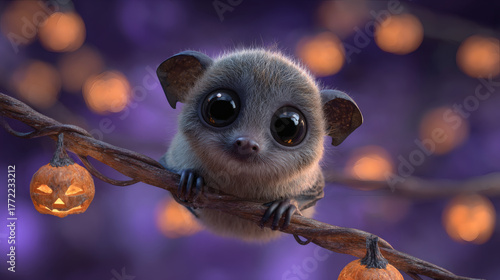 An adorable, big-eyed bush baby perches on a branch surrounded by glowing Halloween jack-o'-lanterns in a magical, purple-lit setting.