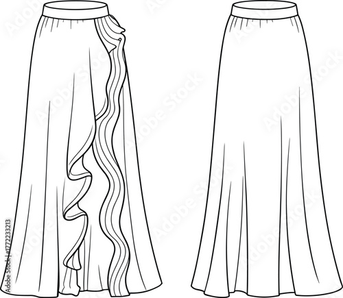 PrintElegant long skirt front and back flat sketch, asymmetric ruffle panel detail, fashion design template illustration for clothing and apparel designers