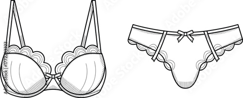 PrintElegant lingerie bra and panty set, detailed vector fashion illustration of women’s underwear design with lace and ribbon decorative elements