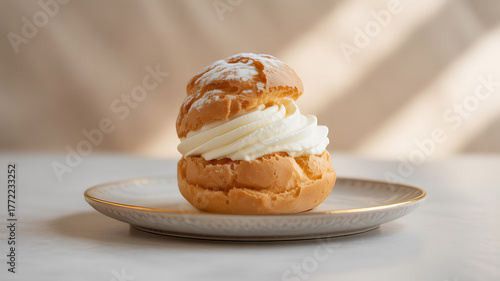 A cream-filled choux pastry dessert on a plate with soft lighting