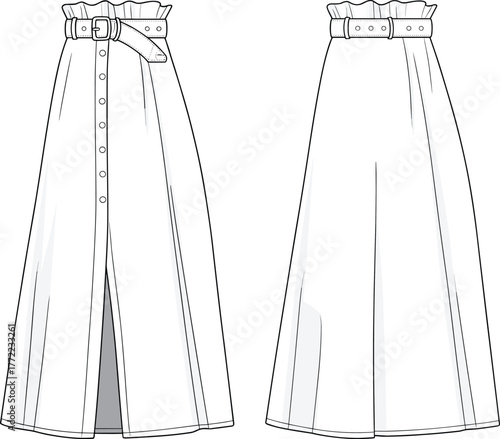 PrintElegant long skirt with belt design, front button details, high waist fashion illustration, stylish women clothing, modern apparel pattern drawing