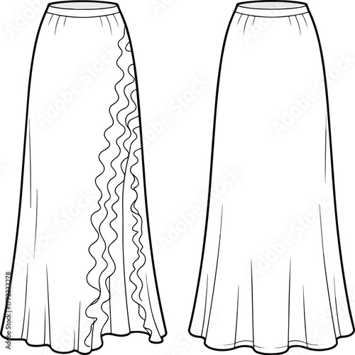 PrintElegant long skirt front and back flat sketch, wavy ruffle detail fashion design template illustration for apparel designers and clothing brands