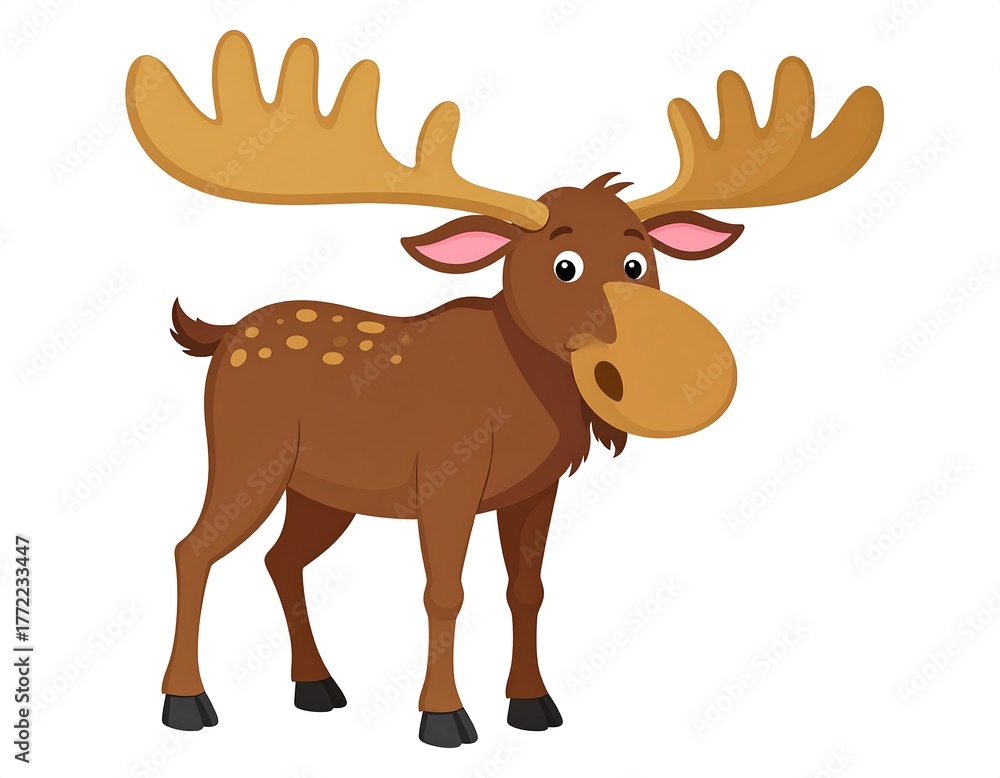 Fototapeta premium A cartoon moose with large antlers, brown fur, and a big nose, standing on a white background