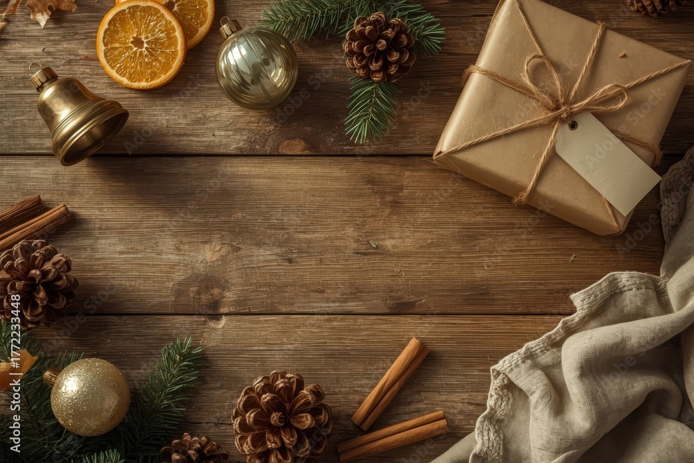 Obraz premium Vintage Christmas Flat Lay on Wooden Table