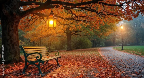 Autumn park bench under a tree with falling leaves