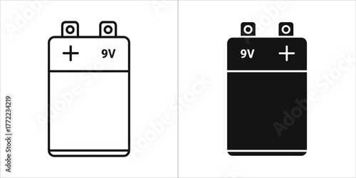Nine volt battery icon in black and white