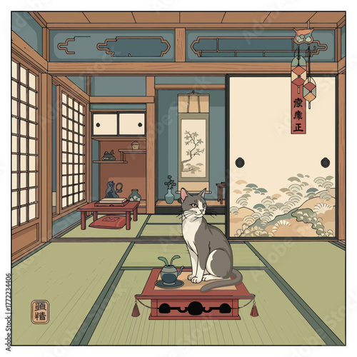 Elegant cat relaxing in traditional Japanese interior