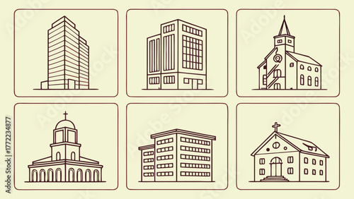 Building illustration collection diverse architectural styles city structures office church landmark vector