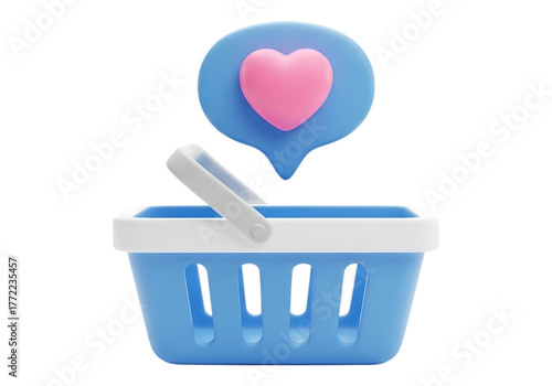 3d icon of blue shopping basket with pink heart isolated on transparent background
