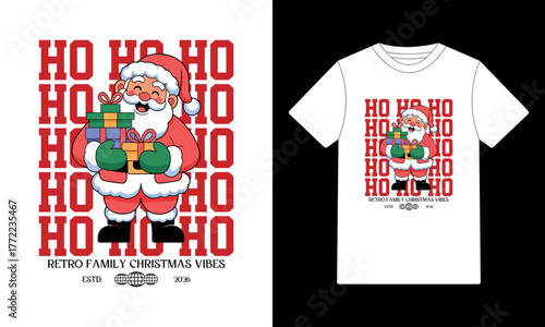Ho Ho Ho Retro Santa with Gifts Christmas Family Vibes T-shirt Design