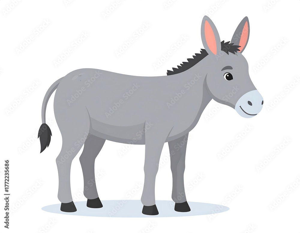 Fototapeta premium A cartoon-style depiction of a standing grey donkey against a white background, isolated