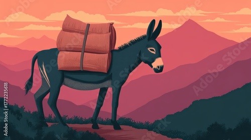 A stylized illustration of a donkey carrying hay bales against a vibrant mountain backdrop, showcasing a serene natural landscape during sunset.