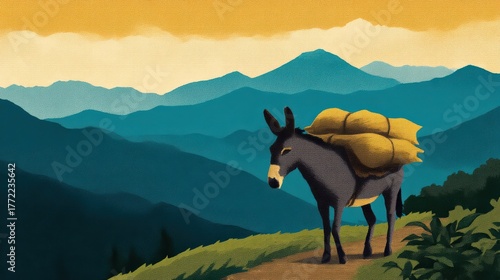 A donkey carries a load across a scenic mountain landscape, surrounded by rolling hills and a colorful sky.