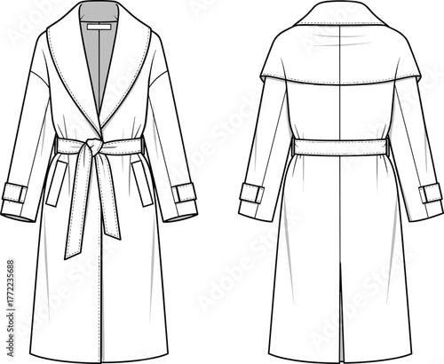 PrintElegant long trench coat fashion flat, belted outerwear illustration, detailed technical drawing of women’s coat design, stylish clothing template for designers