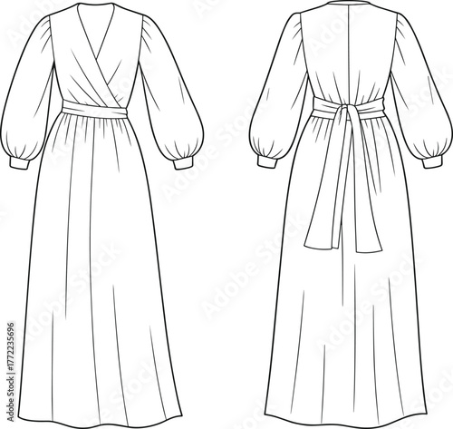 PrintElegant long sleeve wrap dress fashion sketch, detailed technical drawing of maxi dress design with belt tie and puff sleeves illustration
