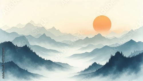 Serene chinese ink landscape painting of misty mountains at sunrise