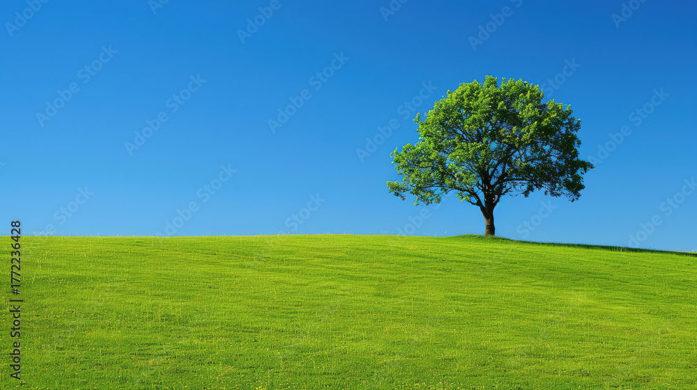 Obraz premium Beautiful landscape wallpaper of a green tree on the grass with a solid blue background
