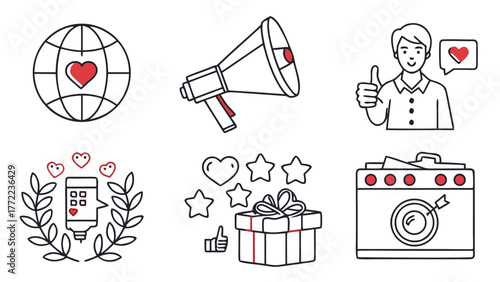Marketing and promotion icons representing social media engagement and customer feedback vector
