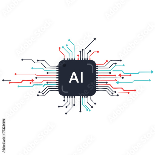 Minimalistic vector illustration depicts a core computing system actively processing large streams of digital data flow and information communication on a stark white background.