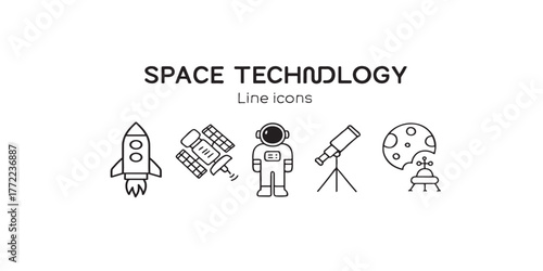Print  Space Technology Line Icons — rocket, satellite, astronaut, telescope, planet exploration vector