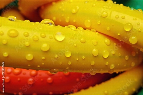 Vivid Yellow Hose Droplets Extreme close up of a bright yellow garden hose with numerous clear water droplets clinging to its surface. The droplets reflect light, creating a sparkling and refreshing