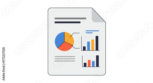 Report with pie chart and bar graphs on a white page with curled corner.