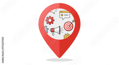 Red location pin with marketing icons inside, representing local marketing or SEO.