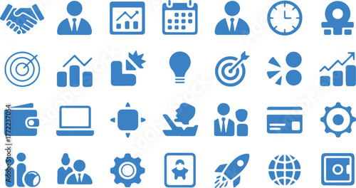 Business Icon Set, General Glyph Vector Icons, Briefcase Handshake Calendar Clock Lightbulb Idea Symbols, Black Silhouette Illustration