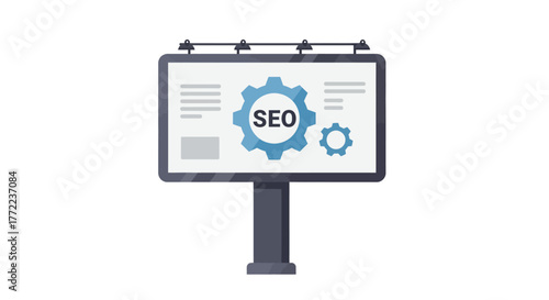 Billboard advertising SEO services with gears and text on a white background.