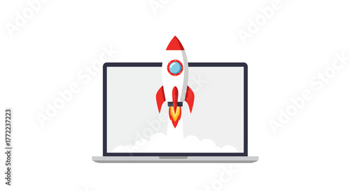 A rocket launching from a laptop screen, symbolizing startup success and technological advancement.