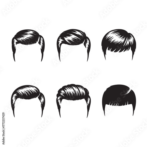 Six black and white graphic illustrations of men's hairstyles haircut
