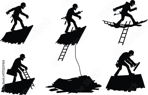 Construction worker, rooftop hazard, silhouette style, ladder misuse, toolbox carry, unsafe posture, black and white, occupational risk, safety awareness, vector illustration