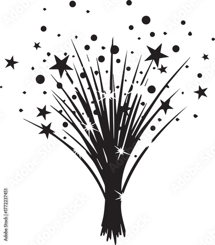 Black Firework Burst Silhouette — Decorative Explosion of Stars and Sparkles in Minimal Vector Style