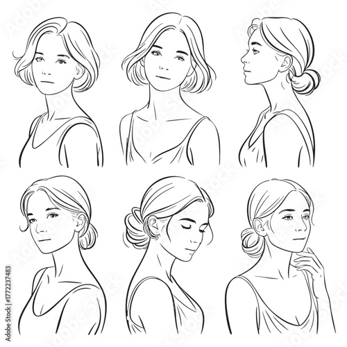 Six Black and White Line Art Portraits of Women with Various Hairstyles woman drawing