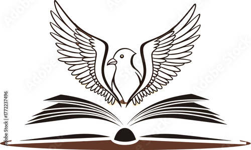Bird with outstretched wings perched atop an open book on a tan background