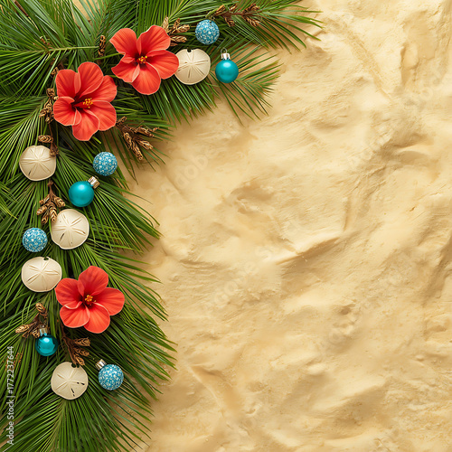 Festive christmas garland with pine branches red flowers and blue baubles on textured parchment paper