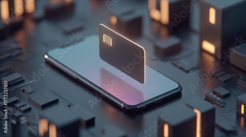 Wallpaper Mural Smartphone with Digital Credit Card Floating Above Circuit Board in Futuristic Technology Scene Torontodigital.ca